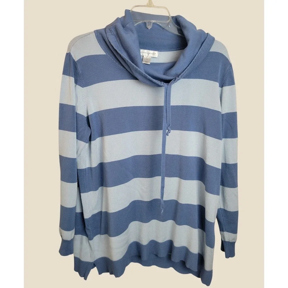 Christopher & Banks Sweater Cowl Neck Striped Pullover Coastal Blue White XL